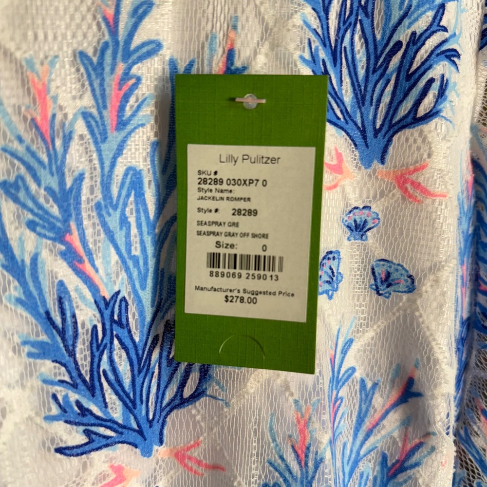 Lilly Pulitzer Jackelin Romper Seaspray Gray Off Shore Lace Tassel White Blue 0 - Picture 4 of 7
